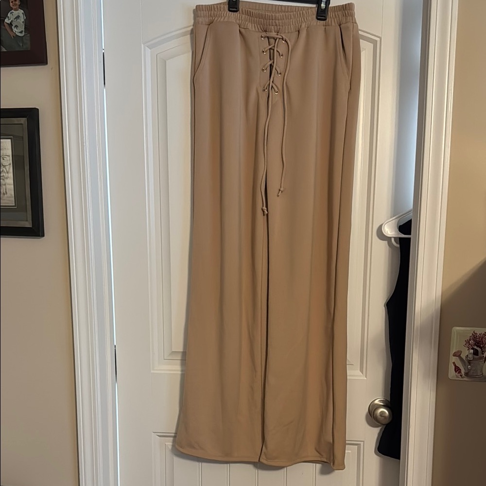 Tan Wide-Leg Pants with Drawstring